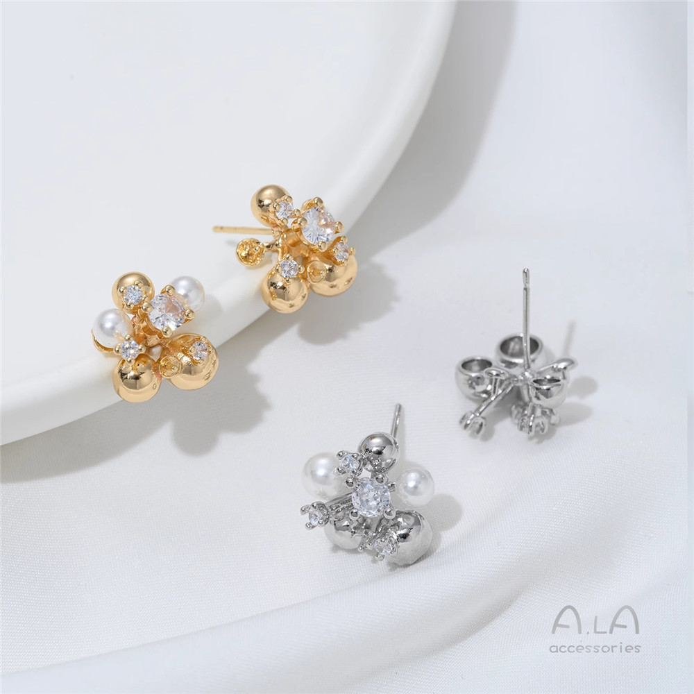 Pearl Stud Earrings - 14K 금도금, 지르코늄 상감 꽃볼, 비즈,