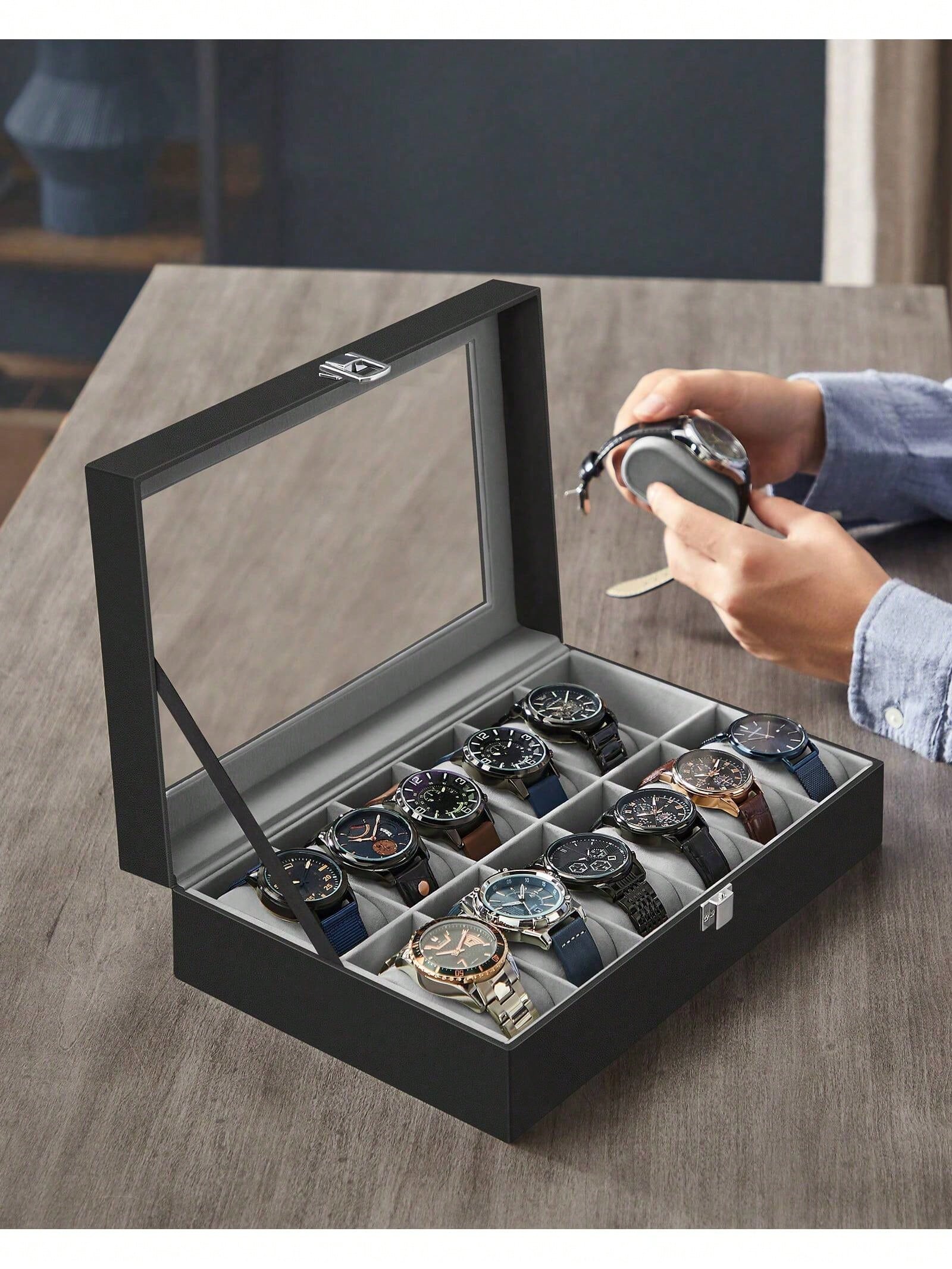 유리 뚜껑과 서랍이 있는 12슬롯 잠금식 시계 상자,  - Watches Jewelry Holder 리뷰 및 가격